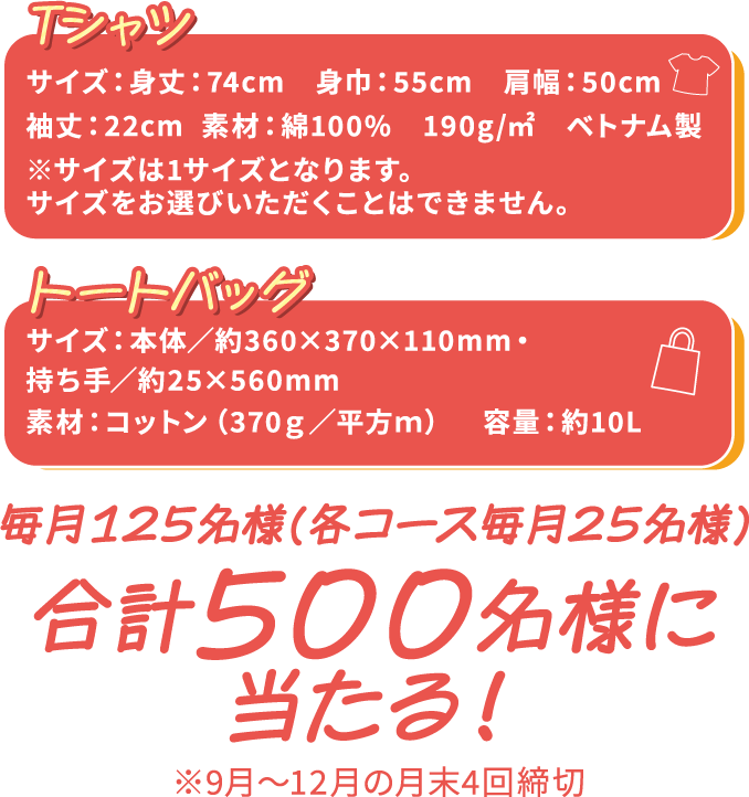 Tシャツ トートバッグ　毎月125名様（各コース毎月25名様）合計500名様に当たる！